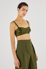 Profile view of model wearing the Oroton Satin Bralette in Khaki and 85% Polyester, 15% Silk for Women