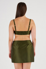 Profile view of model wearing the Oroton Satin Bralette in Khaki and 85% Polyester, 15% Silk for Women