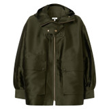 Front product shot of the Oroton Satin Parka in Khaki and 85% Polyester, 15% Silk for Women