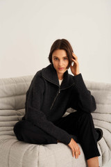 Profile view of model wearing the Oroton Rib Collar Knit in Dark Charcoal and 100% Wool for Women