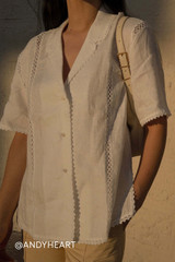 Detail product shot of the Oroton Crochet Trim Shirt in Antique White and 100% Linen for Women