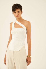 Profile view of model wearing the Oroton Rib Knit Tank in Cream and 83% Viscose 17% Polyester for Women