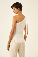 Profile view of model wearing the Oroton Rib Knit Tank in Cream and 83% Viscose 17% Polyester for Women