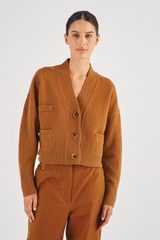 Profile view of model wearing the Oroton Merino Boxy Cardigan in Wicker and 100% Merino Wool for Women