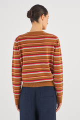Profile view of model wearing the Oroton Merino Long Sleeve Stripe Crew Knit in Wicker and 100% Merino Wool for Women