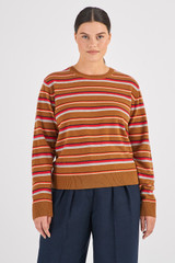 Profile view of model wearing the Oroton Merino Long Sleeve Stripe Crew Knit in Wicker and 100% Merino Wool for Women
