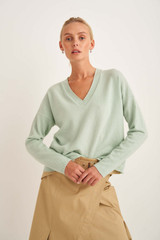 Profile view of model wearing the Oroton V-Neck Knit in Pale Topaz and 100% Wool for Women