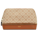 Front product shot of the Oroton Elsie Large Beauty Case in Cognac/Biscuit and Jacquard Fabric/Smooth Leather for Women