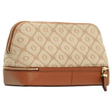 Back product shot of the Oroton Elsie Large Beauty Case in Cognac/Biscuit and Jacquard Fabric/Smooth Leather for Women