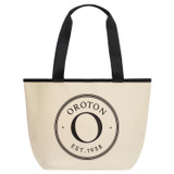 Front product shot of the Oroton Kaia Mini Shopper Tote in Natural/Black and Coated Canvas for Women