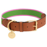 Front product shot of the Oroton Jemima Webbing Dog Collar in Garden/Fuchsia and Logo Webbing with Leather Trims for Women