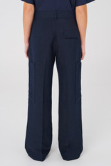 Profile view of model wearing the Oroton Cargo Pant in North Sea and 58% Viscose, 42% Linen for Women