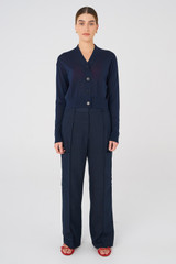 Profile view of model wearing the Oroton Cargo Pant in North Sea and 58% Viscose, 42% Linen for Women