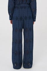 Profile view of model wearing the Oroton Lace Pant in North Sea and 100% Cotton for Women