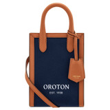 Front product shot of the Oroton Muse Canvas Mini Top Handle in Yacht Blue/Brandy and Canvas and leather trims for Women