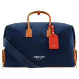 Front product shot of the Oroton Voyager Weekender in Yacht Blue/Brandy and Canvas and leather trims for Women