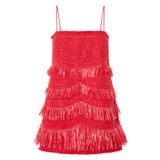 Front product shot of the Oroton Fringed Mini Dress in Poppy and 22.4% polyamide, 28% acrylic, 49.5% polyester for Women