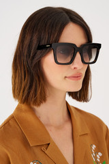 Profile view of model wearing the Oroton Easton Polarised Sunglasses in Signature Tort and Bio acetate (Biodegradeable) for Women