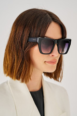 Profile view of model wearing the Oroton Cullen Sunglasses in Black and Acetate for Women