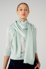 Profile view of model wearing the Oroton Anna Jacquard Wrap in Duck Egg and 72% modal, 28% silk for Women