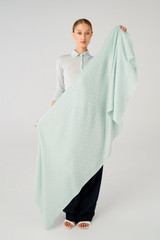 Profile view of model wearing the Oroton Anna Jacquard Wrap in Duck Egg and 72% modal, 28% silk for Women