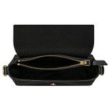 Internal product shot of the Oroton Dylan Small Saddle Bag in Black and Pebble leather, smooth leather trims for Women