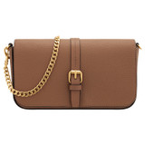 Front product shot of the Oroton Dylan Clutch Crossbody in Tan and Pebble leather, smooth leather trims for Women