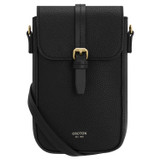 Front product shot of the Oroton Dylan Buckle Phone Crossbody in Black and Pebble leather. Smooth leather trims for Women