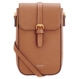 Front product shot of the Oroton Dylan Buckle Phone Crossbody in Tan and Pebble leather, smooth leather trims for Women