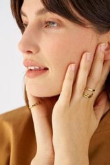 Profile view of model wearing the Oroton Fife Ring in 18K Gold and Sustainably sourced 925 Sterling Silver for Women