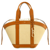 Front product shot of the Oroton Harper Large Tote in Natural/Brandy and Woven straw with smooth leather trims for Women