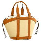 Back product shot of the Oroton Harper Large Tote in Natural/Brandy and Woven straw with smooth leather trims for Women