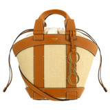 Front product shot of the Oroton Harper Small Tote in Natural/Brandy and Woven straw with smooth leather trims for Women