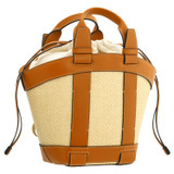 Back product shot of the Oroton Harper Small Tote in Natural/Brandy and Woven straw with smooth leather trims for Women