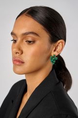 Profile view of model wearing the Oroton Jupiter Earrings in Worn Gold/Malachite and Brass for Women