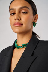 Profile view of model wearing the Oroton Jupiter Earrings in Worn Gold/Malachite and Brass for Women