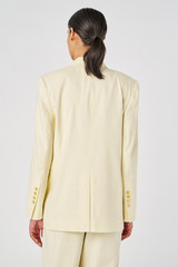 Profile view of model wearing the Oroton Double Breasted Blazer in Lemon Curd and 81% viscose, 17% cotton, 2% elastane for Women