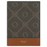 Front product shot of the Oroton Harvey Signature Passport Cover in Black/Cognac and Oroton Logo Printed Coated Canvas. Smooth Leather Trims for Women