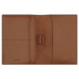Internal product shot of the Oroton Harvey Signature Passport Cover in Black/Cognac and Oroton Logo Printed Coated Canvas. Smooth Leather Trims for Women