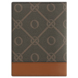 Back product shot of the Oroton Harvey Signature Passport Cover in Black/Cognac and Oroton Logo Printed Coated Canvas. Smooth Leather Trims for Women