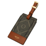 Front product shot of the Oroton Harvey Signature Luggage Tag in Black/Cognac and Oroton Logo Printed Coated Canvas. Smooth Leather Trims for Women