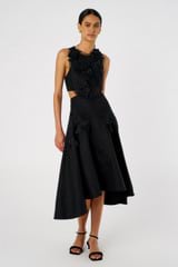 Profile view of model wearing the Oroton Lace Flower Midi Dress in Black and 100% Linen for Women