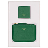 Front product shot of the Oroton Eve Coin Pouch & Mirror Set in Emerald and Pebble leather for Women