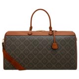 Front product shot of the Oroton Harvey Signature Weekender in Black/Cognac and Oroton Logo Printed Coated Canvas. Smooth Leather Trims for Women