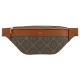 Front product shot of the Oroton Harvey Signature Belt Bag in Black/Cognac and Oroton Logo Printed Coated Canvas. Smooth Leather Trims for Women