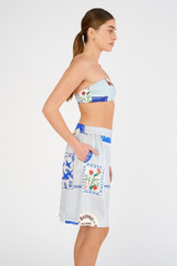 Profile view of model wearing the Oroton Picnic Print Short in Pale Blue and 100% silk for Women