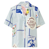 Front product shot of the Oroton Picnic Print Camp Shirt in Pale Blue and 100% silk for Women