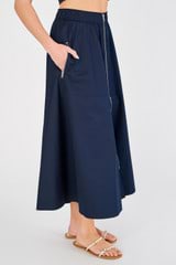 Profile view of model wearing the Oroton Zip Utility Midi Skirt in North Sea and 100% cotton for Women