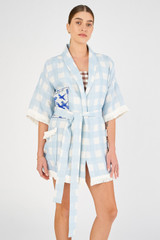 Profile view of model wearing the Oroton Patched Gingham Robe in Pale Blue and 100% linen for Women