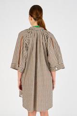 Profile view of model wearing the Oroton Gingham Print Kaftan in Chocolate and 100% cotton for Women